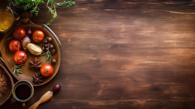 Food cooking on the old wooden background