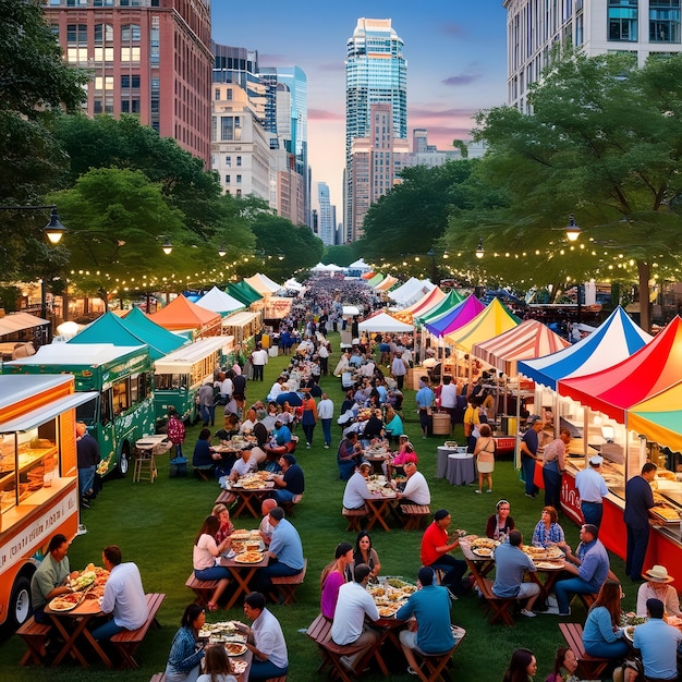 a food court with a colorful umbrella and people sitting at tables