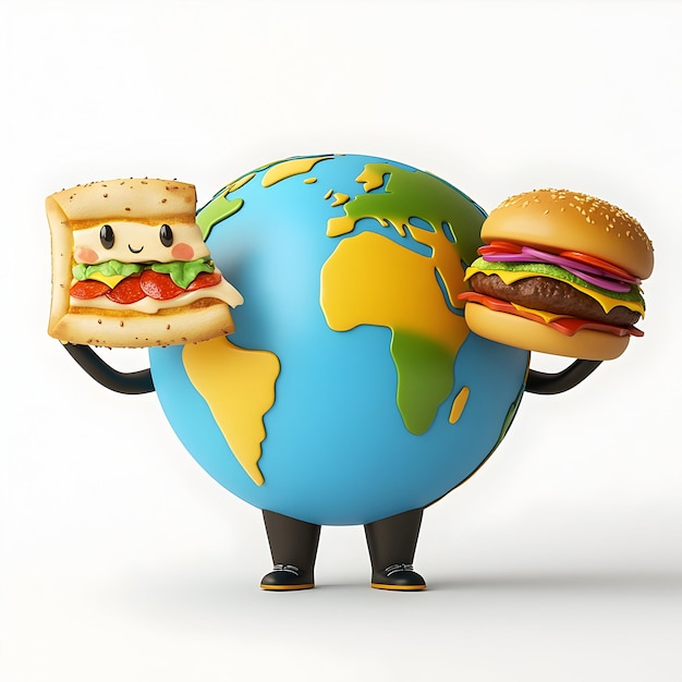 Food day background with 3d earth globe holding fast food illustration