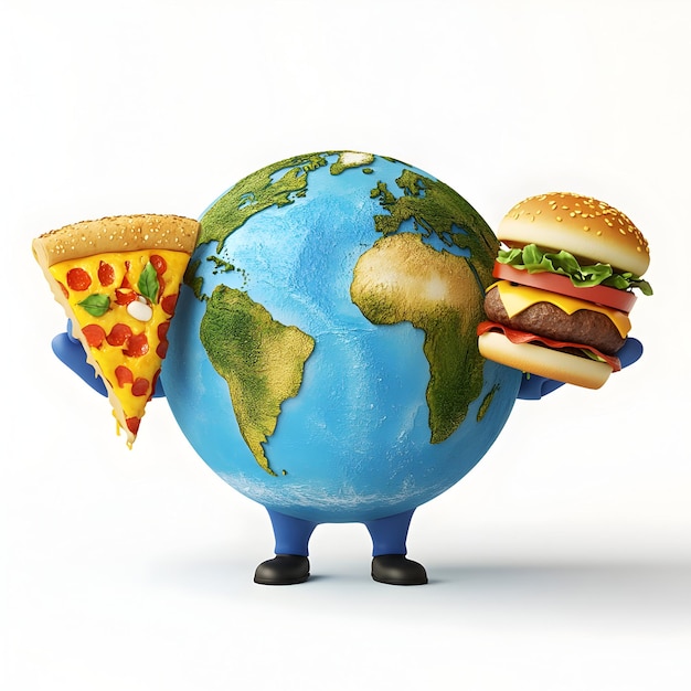 Photo food day background with 3d earth globe holding fast food illustration