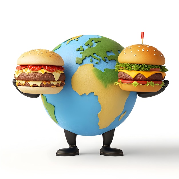 Photo food day background with 3d earth globe holding fast food illustration