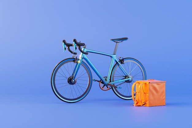 Food delivery to the address a bicycle and a courier bag for food on a blue background 3D render