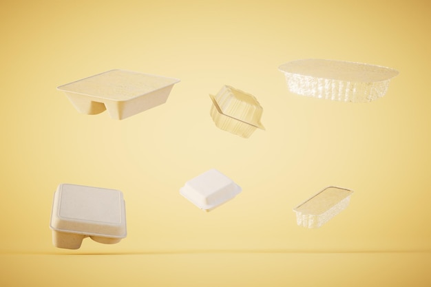 Food delivery containers of different sizes scattered on a yellow background 3D render