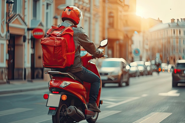 Food delivery courier on scooter with red backpack delivering quickly