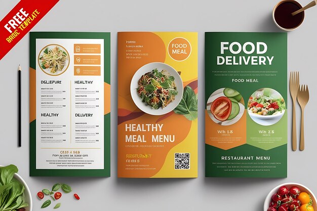 Photo food delivery flyer pamphlet design template for showcasing delicious meal options