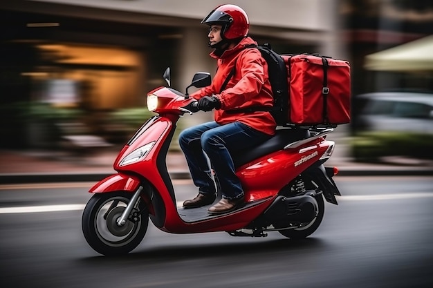 A food delivery motor scooter driver with a red backpack Generative Ai