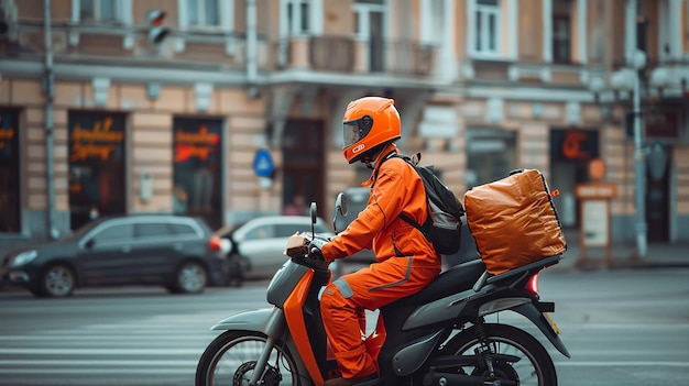 Photo food delivery worker in orange uniform riding a motorcycle