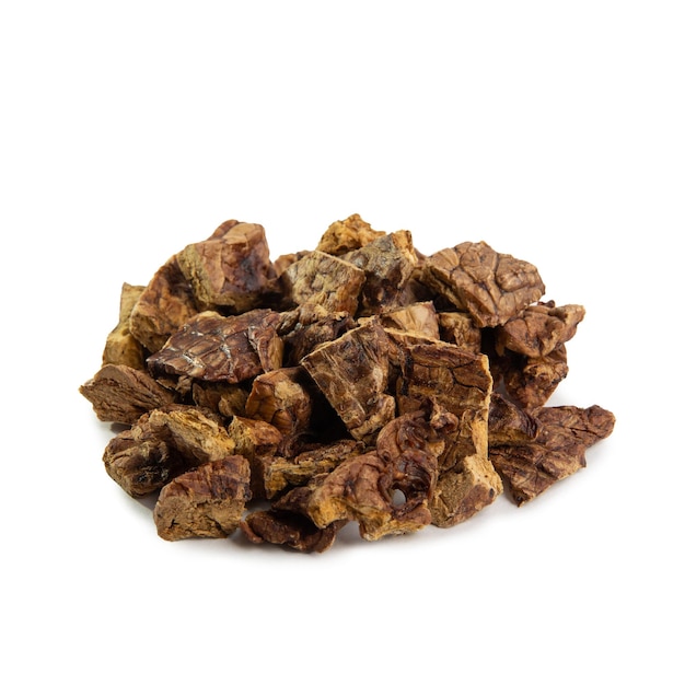 Food for dogs - dried beef lung isolated on white background. Natural chewing treats.