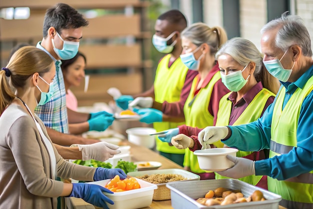 Photo a food donation drive with volunteers distributing meals