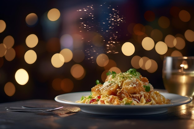 Food and drink against a festive restaurants bokeh background Generative AI