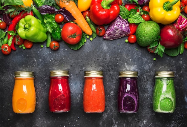 Food and drink background Colorful vegan vegetable juices and smoothies set in bottles on gray kitchen table copy space selective focus