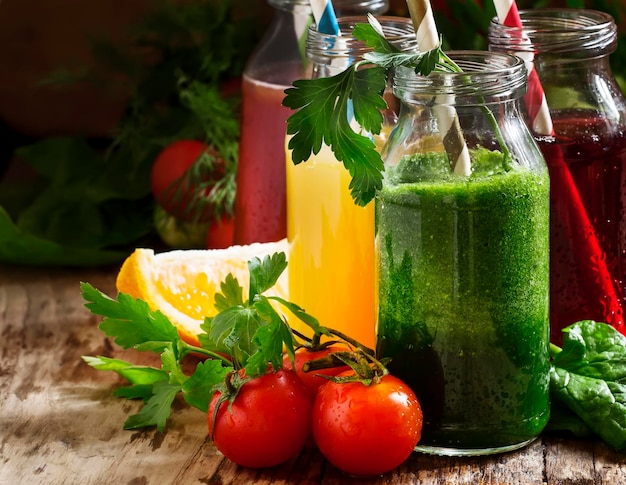 Food and drinks selection of vegetable and fruit juices and smoothies in glass bottles with ingredients set on rustic wooden table selective focus