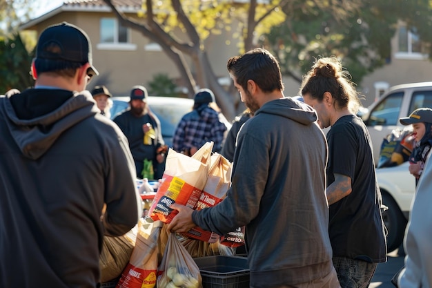 A food drive event in a sunny California neighborhood with people dropping off bags of food donations A food drive event with people dropping off bags of groceries