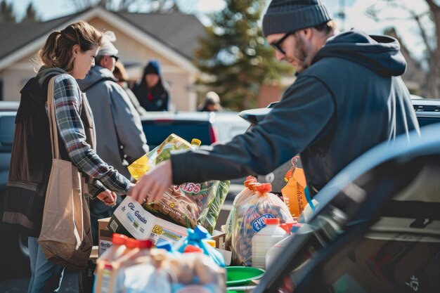 A food drive event with volunteers loading bags of food into a car A food drive event with people dropping off bags of groceries