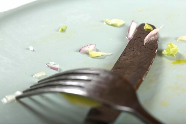 Food end sign crossed cutlery in empty dirty plate restaurant concept