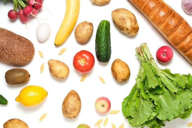 Food fruits and vegetables on a white background