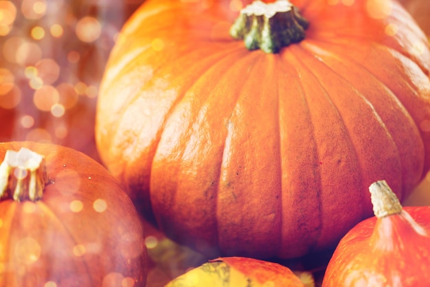 food, harvest, season and autumn concept - close up of pumpkins on wooden table at home