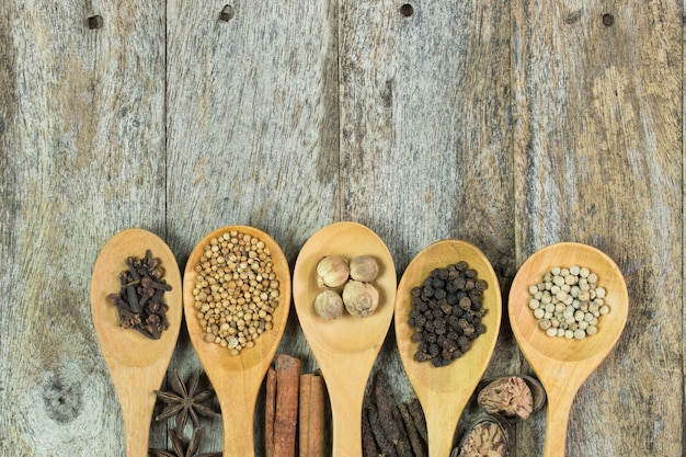 food herb ingredient wood  seasoning in wood spoon for cook on wood table