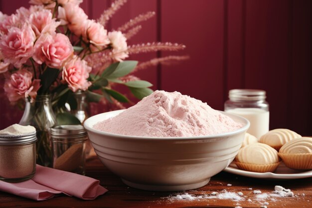 Food ingredients to bake in a slightly pink pastel background Cook Lay Flat with generative IA