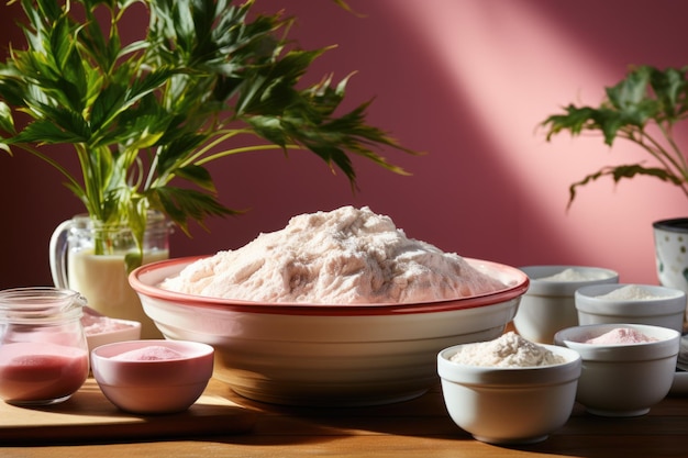 Food ingredients to bake in a slightly pink pastel background Cook Lay Flat with generative IA