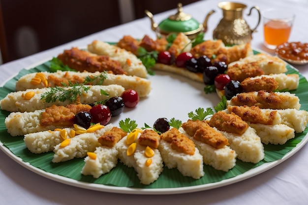 The food is arranged in such a way that it looks like a half moon Its represent muslim festival Eid