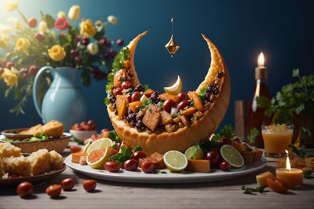 The food is arranged in such a way that it looks like a half moon Its represent muslim festival Eid