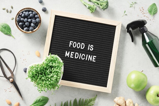 Food is medicine letter board quote flat lay