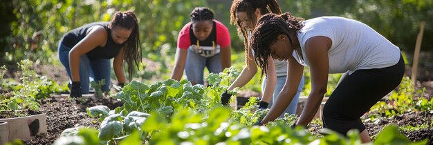 Food justice community garden with diverse people