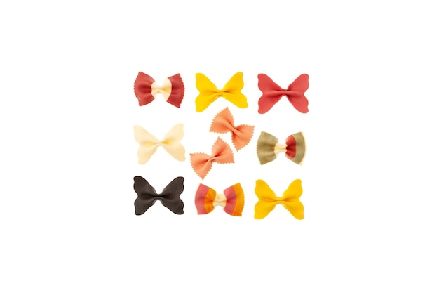 Food Knolling Multicolored pasta Farfalle Design element Uncooked italian pasta on white background