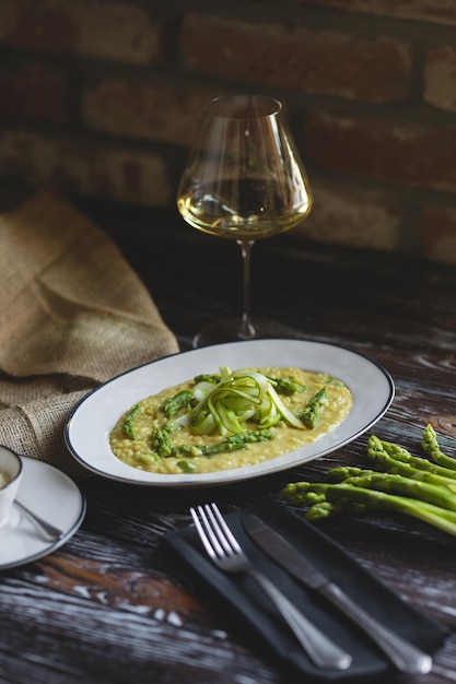 Food photo Risotto with fresh asparagus Healthy food