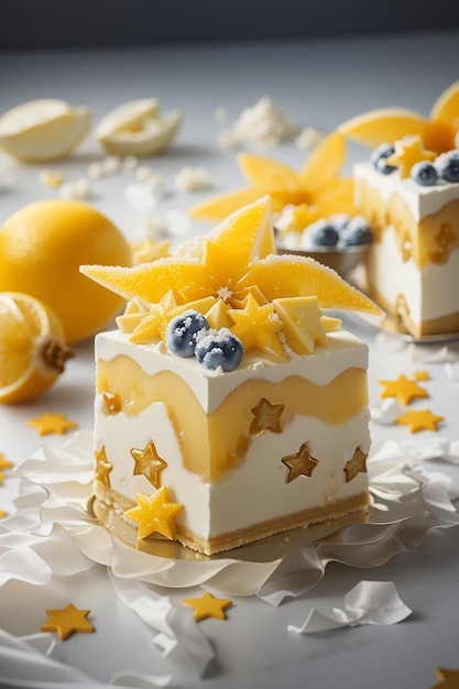 Food photograph featuring a perfectly arranged starfruit and vanilla ice dessert