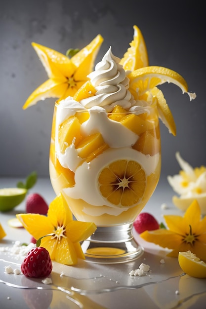 Food photograph featuring a perfectly arranged starfruit and vanilla ice dessert