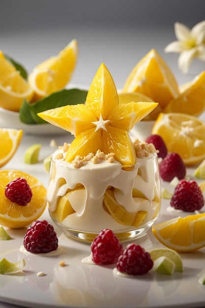 Food photograph featuring a perfectly arranged starfruit and vanilla ice dessert