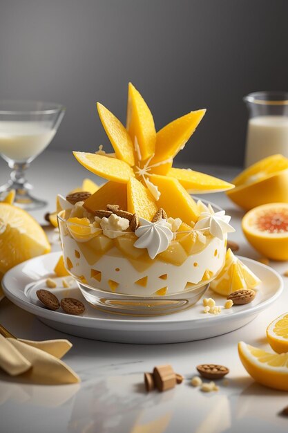 Food photograph featuring a perfectly arranged starfruit and vanilla ice dessert