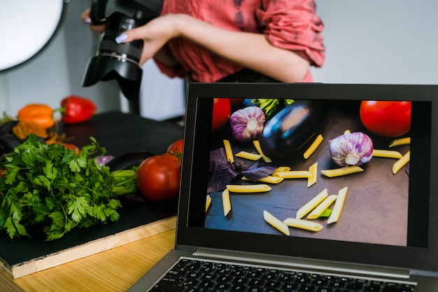 Food photography advertisment laptop photo e-commerce technology backstage concept