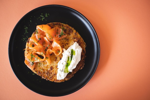 Food photography. Appetizing lunch with salmon and potatoes