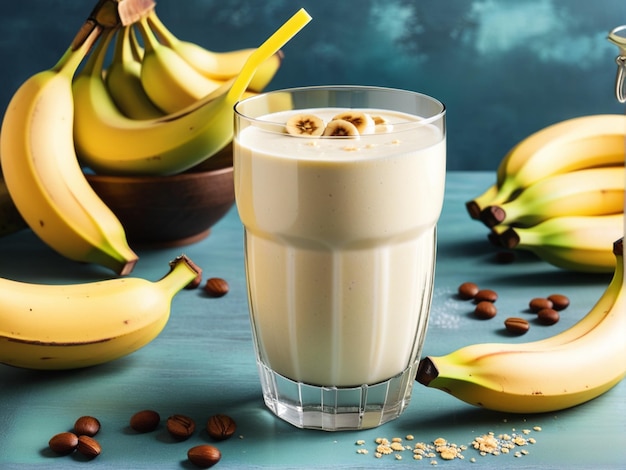 Food photography background Healthy banana smoothie milkshake in glass with bananas on table