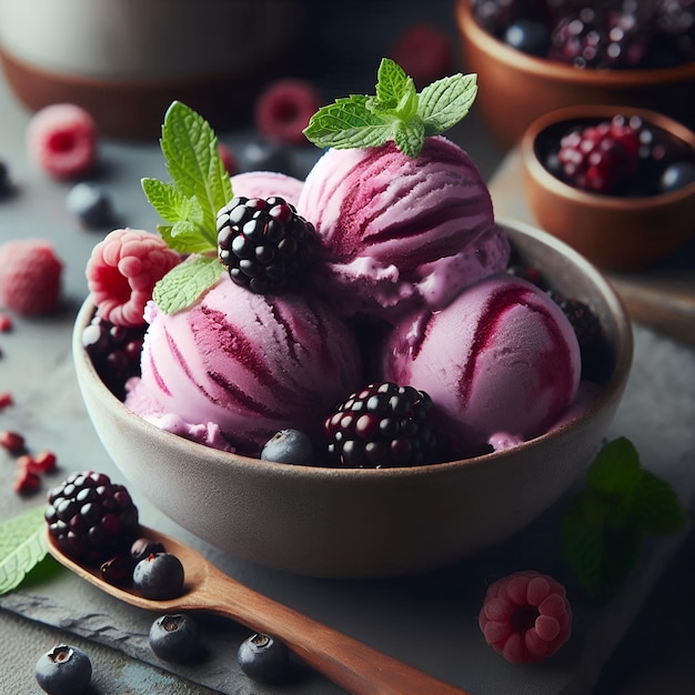 Food Photography of a Bowl of Ice Cream with Raspberries and Blackberries