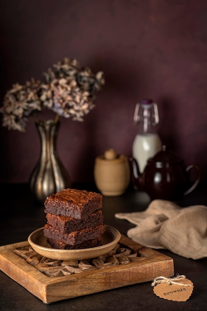 Food photography of brownie and milk