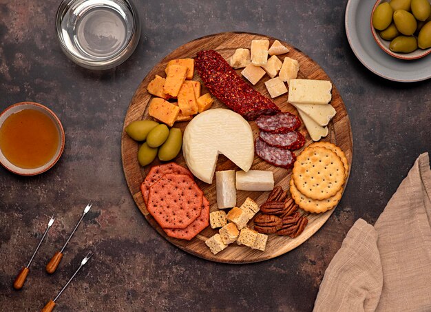 Food photography of cheese parmesan cheddar olive cracker crouton pecan honey white wine salami