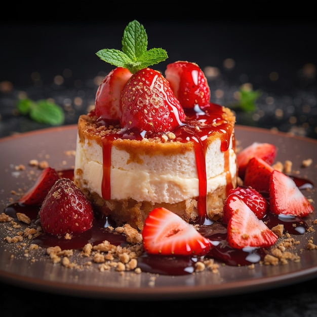 food photography cheesecake strawberry cinnamon in a luxurious Michelin kitchen style