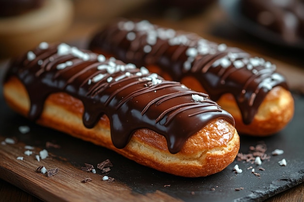 Food photography of chocolate covered eclairs displayed beautifully