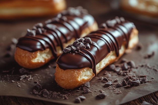 Photo food photography of chocolate covered eclairs displayed beautifully