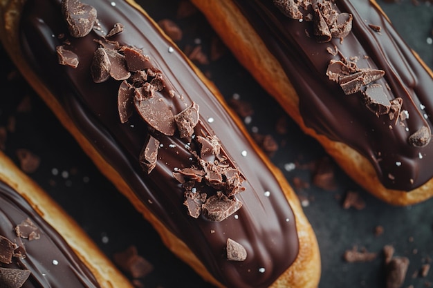 Photo food photography of chocolate covered eclairs displayed beautifully