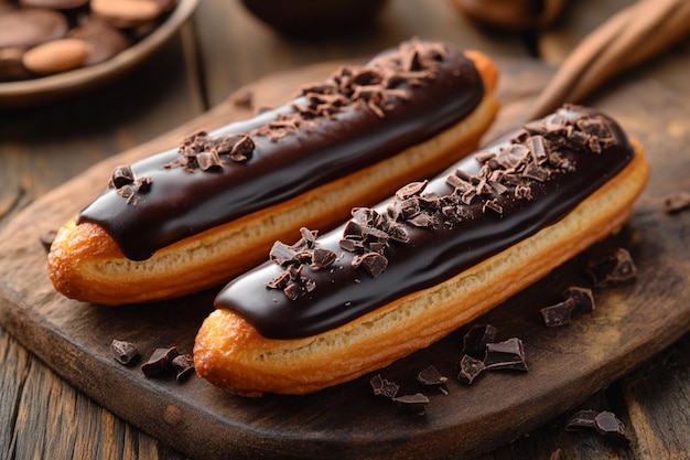 Food photography of chocolate covered eclairs displayed beautifully