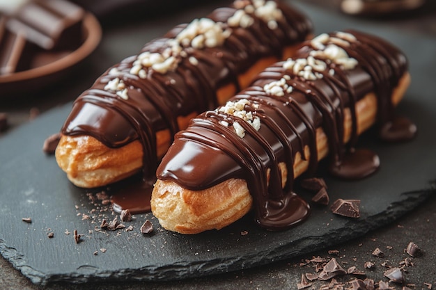 Photo food photography of chocolate covered eclairs displayed beautifully