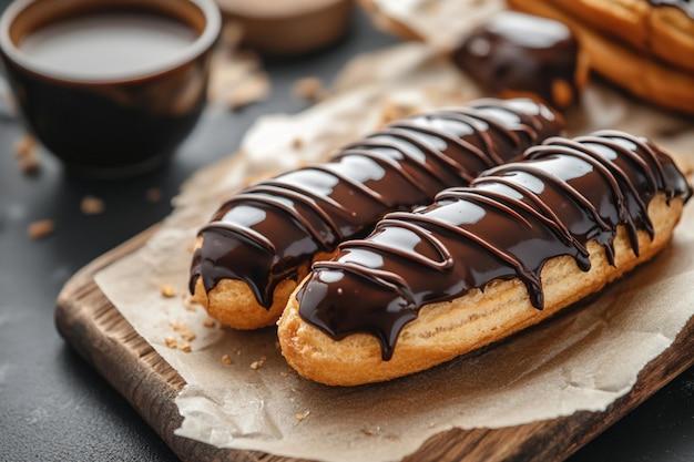 Photo food photography of chocolate covered eclairs displayed beautifully