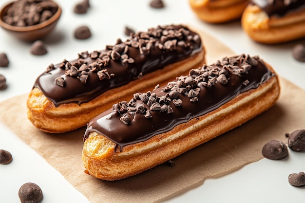 Photo food photography of chocolate covered eclairs displayed beautifully