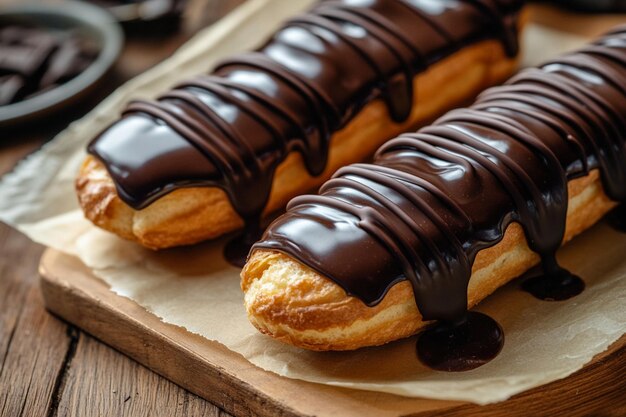 Food photography of chocolate covered eclairs displayed beautifully