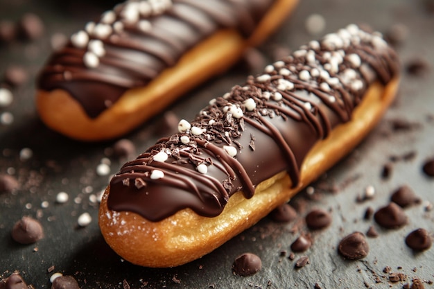 Food photography of chocolate covered eclairs displayed beautifully